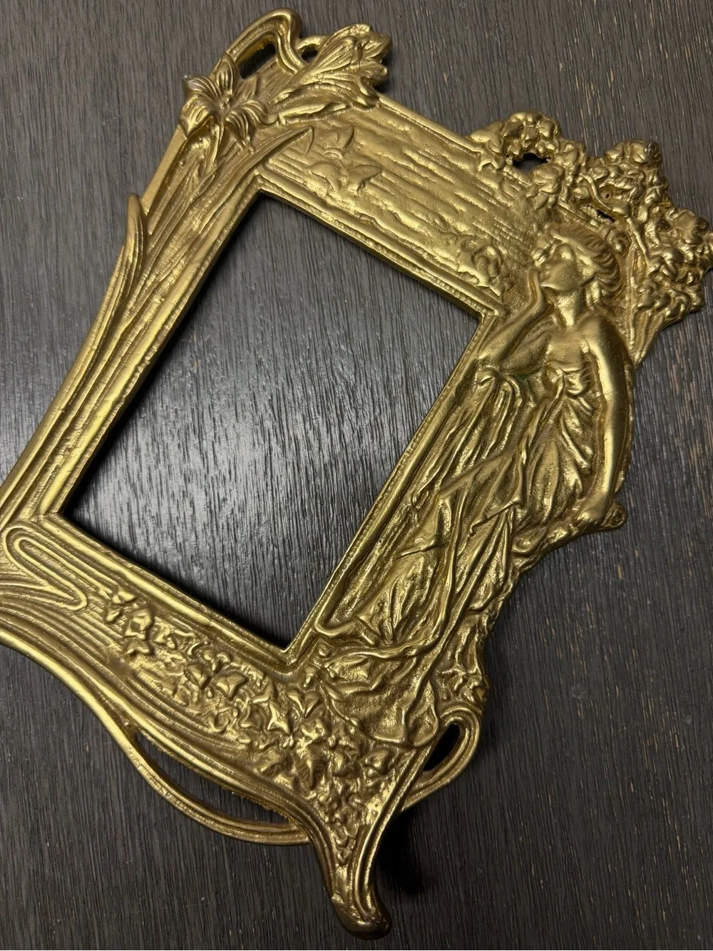 Vtg art nouveau cast iron brass repousse fairy lady floral table frame